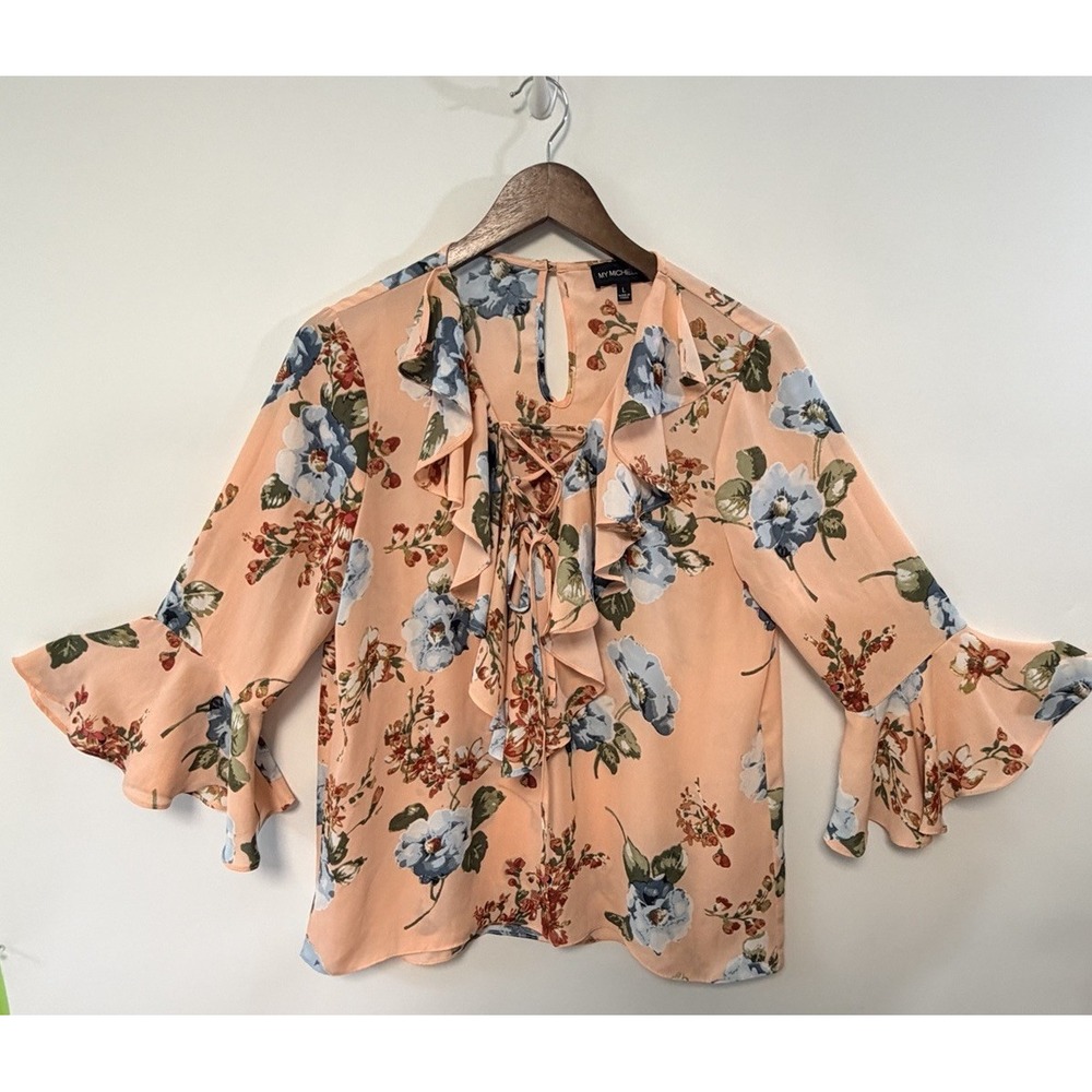 My Michelle Women Peasant Ruffle Lace Up Blouse Top Boho Floral Y2K Large